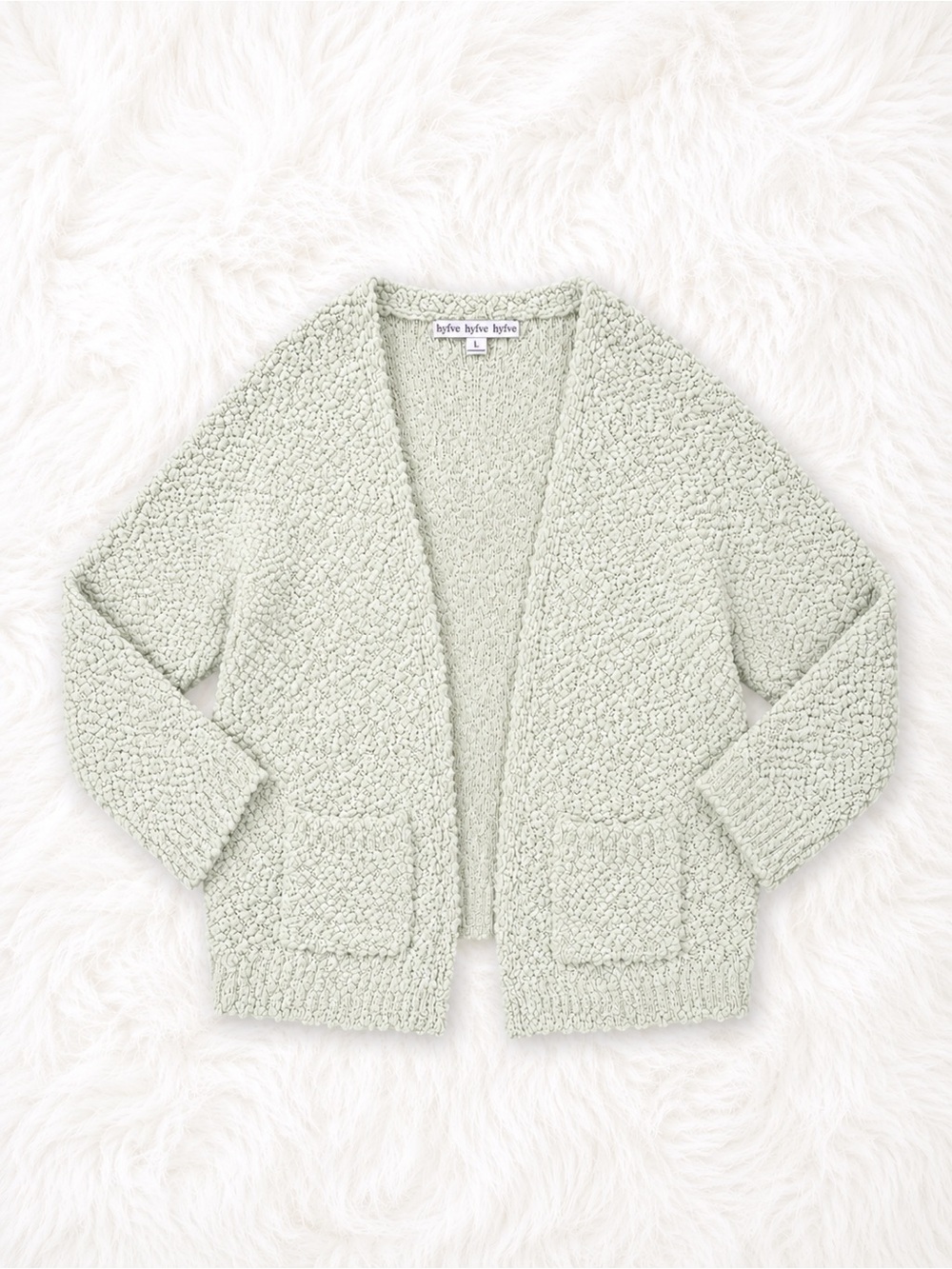 HYFVE Sage Green Popcorn Knit Cardigan Large Cozy Boho Chunky Open Front Sweater